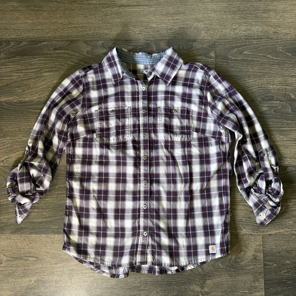 Carhartt Sz M Purple Plaid Flannel Shirt Roll Tab Workwear Western Outdoors Boho